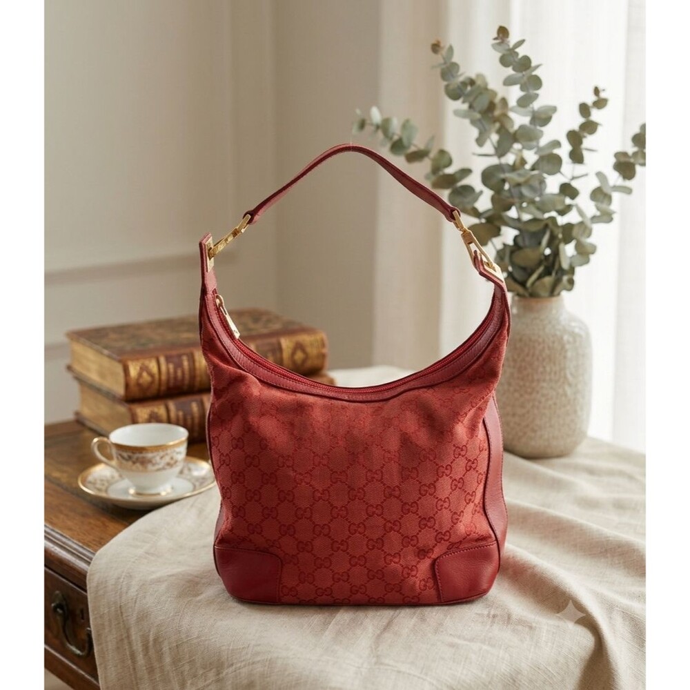 Gucci GG Canvas Hobo Bag Red Model 001‑4204 Leather Trim Gold Hardware Shoulder
